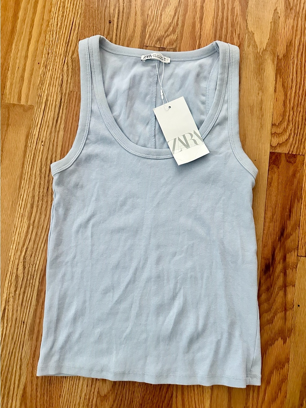 NWT ZARA SIZE L Women's Light Blue/Grey Ribbed Tank Top. Cotton/Lycra.